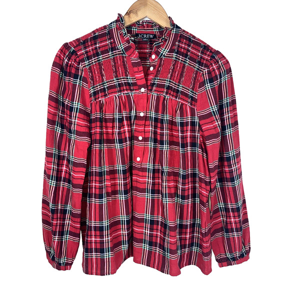 J Crew Blouse Womens Small Red Tartan Plaid Ruffle neck Cotton Flannel Pullover - Picture 1 of 8